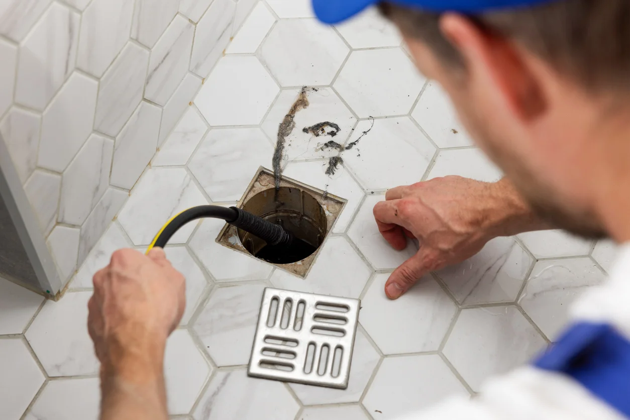 An image of a maintenance worker snaking a sewer through a tile floor illustrating hazardous sewage intrusion and sewer damage insurance disputes managed by Trident Law HQ