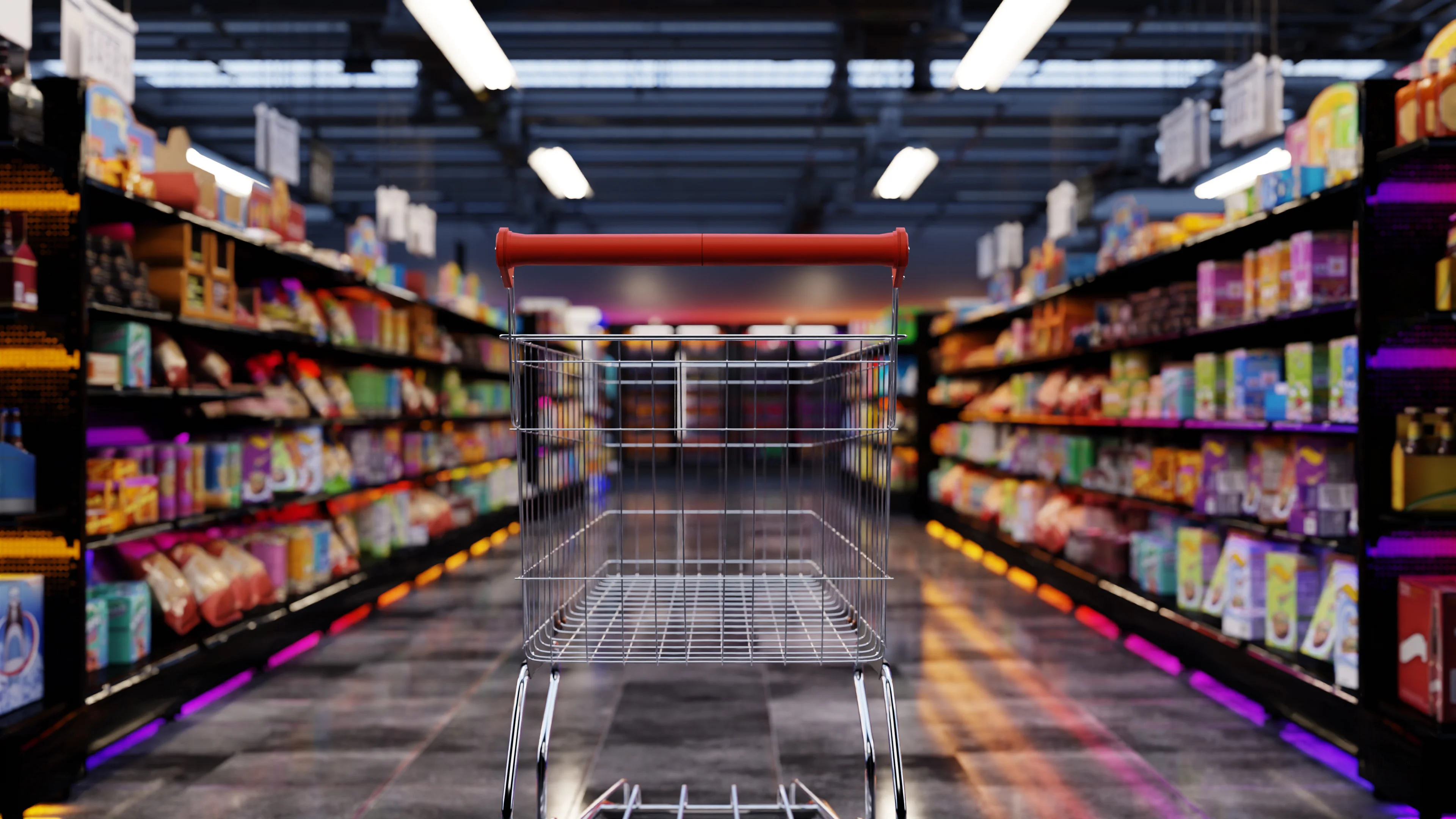 A behind the cart view of an empty basket in a grocery store representing consumer fraud investigations and lawsuits led by Trident Law HQ 