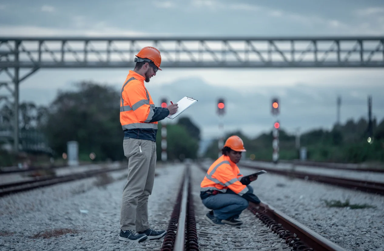 Trident Law HQ supports railroad employees under FELA protections, visually shown through this image of two workers in orange vests and hard hats surveying empty railroad tracks 